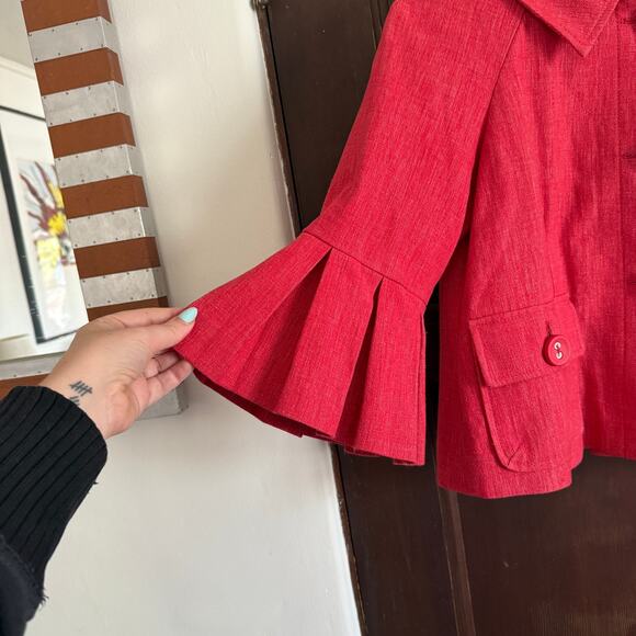 SEMANTIKS Red Linen Cotton Blend Cropped Blazer with Pleated bell sleeves Small - Picture 4 of 8